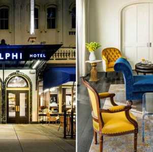 split image. on the left is the exterior of the Adelphi Hotel. on the right is a luxe sitting room